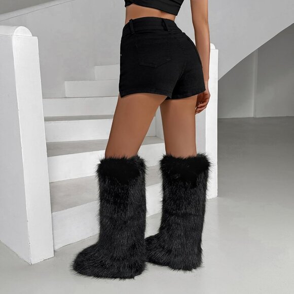 ⚡Women Black Faux Fur Fluffy Cosy Round Toe Knee High Warm Outdoor Fur Boot - Picture 5 of 7